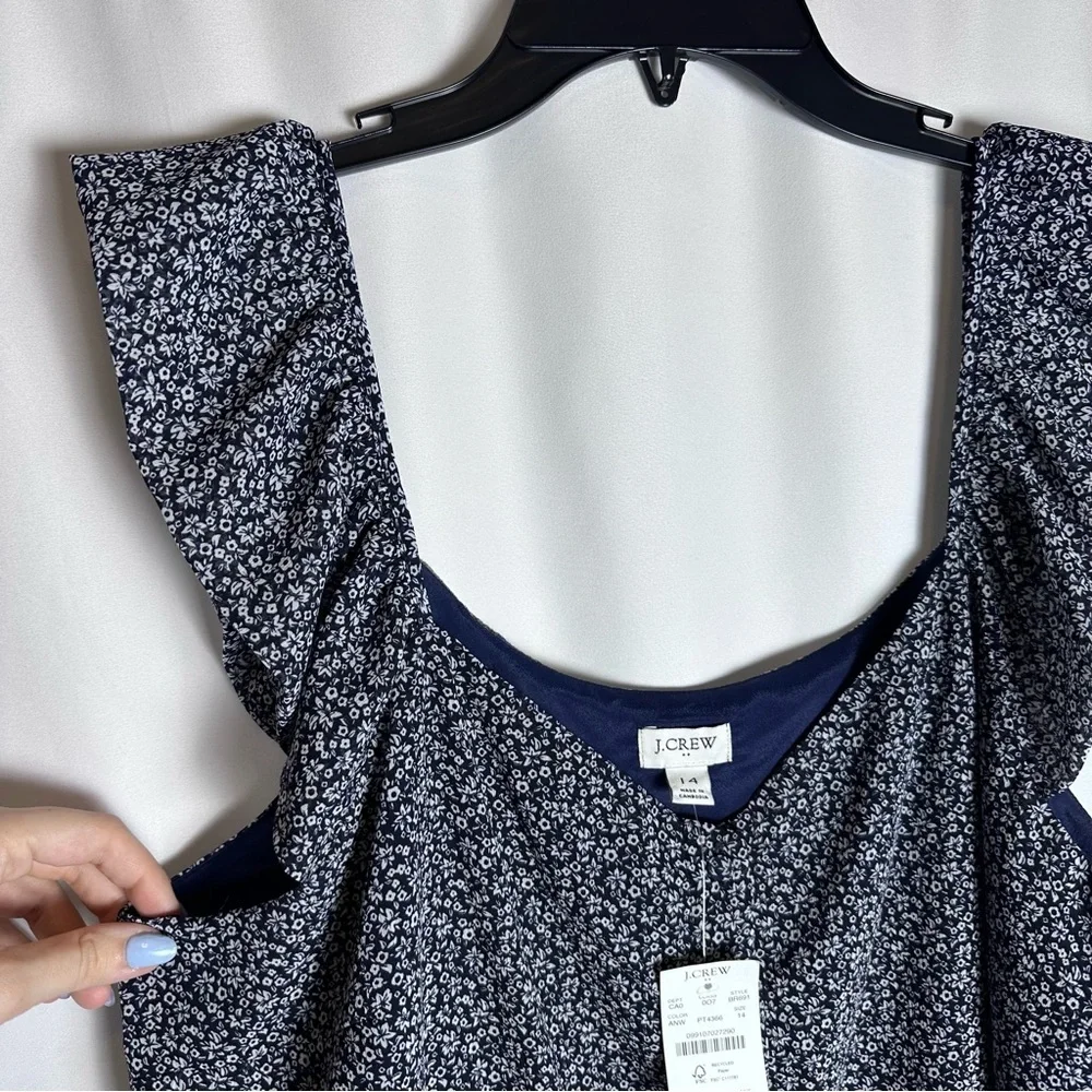J.Crew Women’s Navy Floral Ruffle Sleeve Tank Top Size 14 NWT